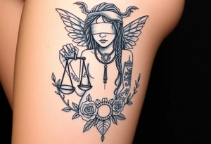 Sylph with dreads wearing blind fold and ankh pendant with tattoos holding weighing scales with the sun and moon rose vines surrounding and Anubis guarding tattoo idea