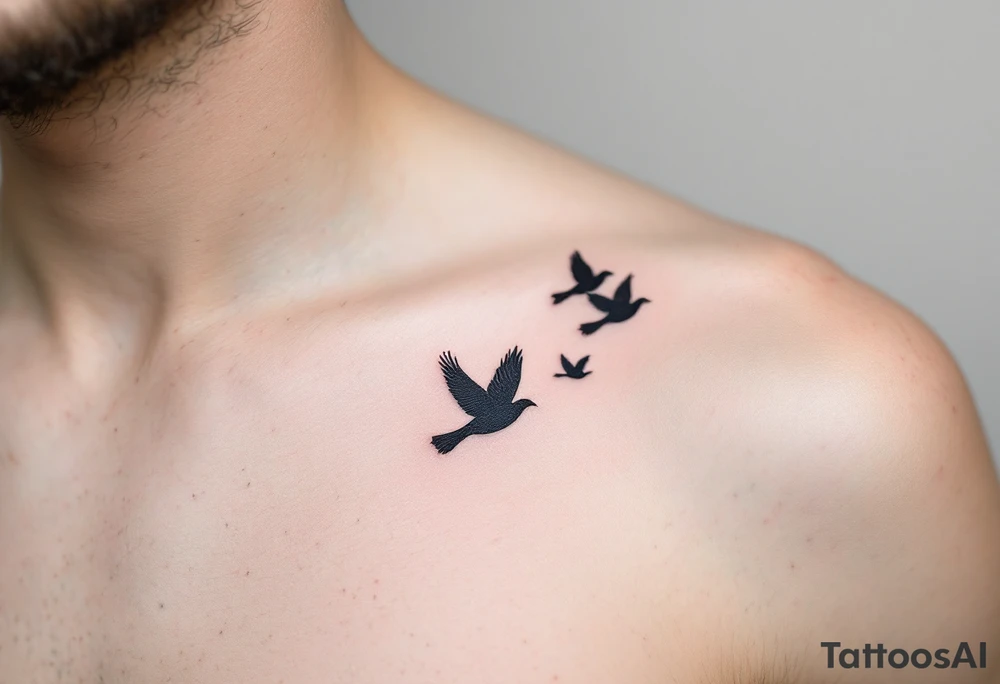 A delicate yet powerful tattoo of three birds in flight, symbolizing freedom and individuality, designed in a minimalist style. The birds can be shaded in black with soft hints of blue and grey to give them a fluid, wind-swept appearance. Black, blue, grey. tattoo idea