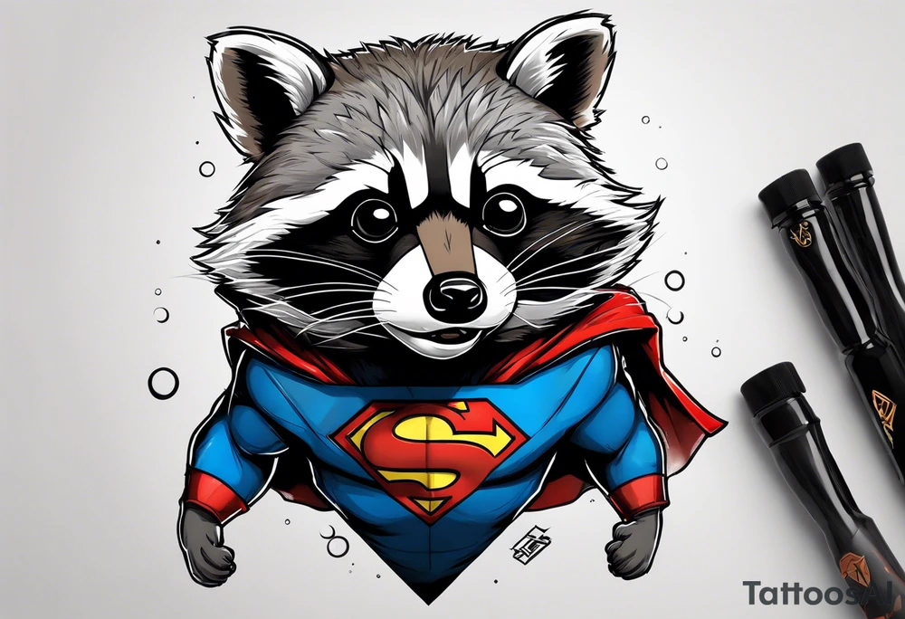 Raccoon wearing a Superman hoodie tattoo idea