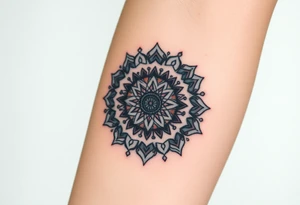 intricate mandala with sacred geometry and cosmic elements and honey combs tattoo idea