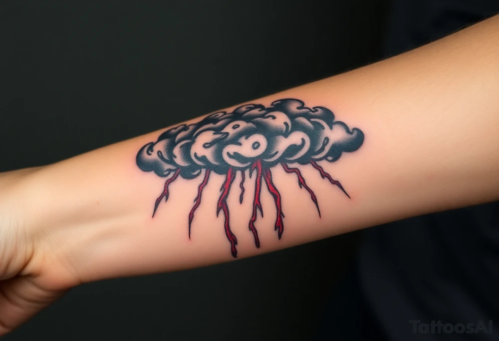 Dark, black menacing storm clouds with creepy red bolts of lightning & heavy rain coming down tattoo idea