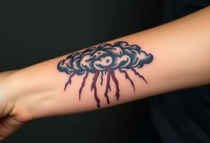 Dark, black menacing storm clouds with creepy red bolts of lightning & heavy rain coming down tattoo idea