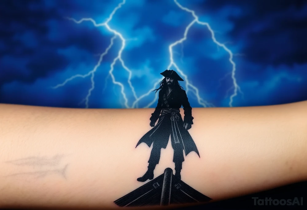 A dark silhouette of Jack Sparrow standing on the bow of a ship, with lightning illuminating the stormy sky behind him in deep blues and purples. tattoo idea
