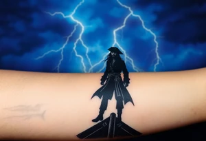 A dark silhouette of Jack Sparrow standing on the bow of a ship, with lightning illuminating the stormy sky behind him in deep blues and purples. tattoo idea