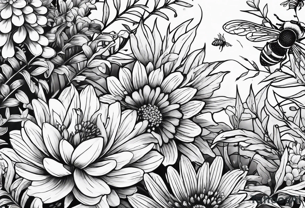 Half sleeve with crisanthium, ferns, leaves, and complimentary flowers with small bees tattoo idea