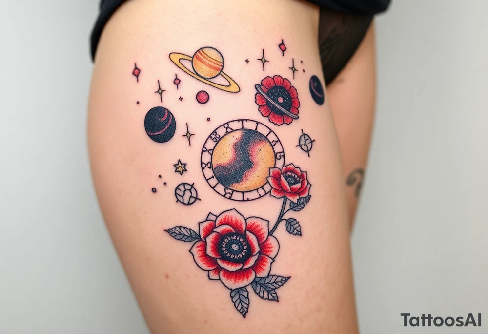 Milky way galaxy .. planets with zodiac symbols and protection runes with red roses and sunflowers tattoo idea