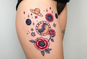 Milky way galaxy .. planets with zodiac symbols and protection runes with red roses and sunflowers tattoo idea