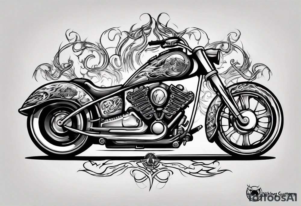 I want a detailed tattoo of a motorcycle surrounded by flames with the company name “Viking Customs” incorporated in the design tattoo idea