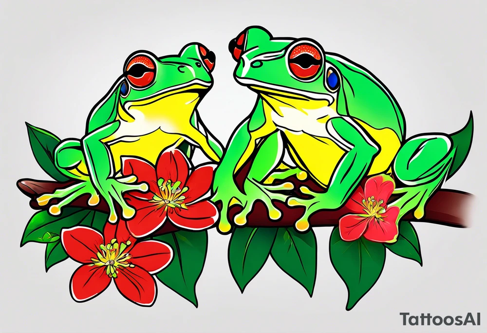 2 Red-eye tree frogs one big and one small sitting on on flower with a stem tattoo idea