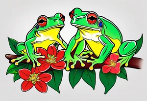 2 Red-eye tree frogs one big and one small sitting on on flower with a stem tattoo idea