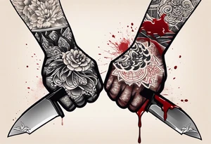 small tattoo to fit on the back of someone’s arm. Two manly hands from two different people doing a hand shake with a knife in between them, and blood dripping down the knife. Brotherhood tattoo tattoo idea