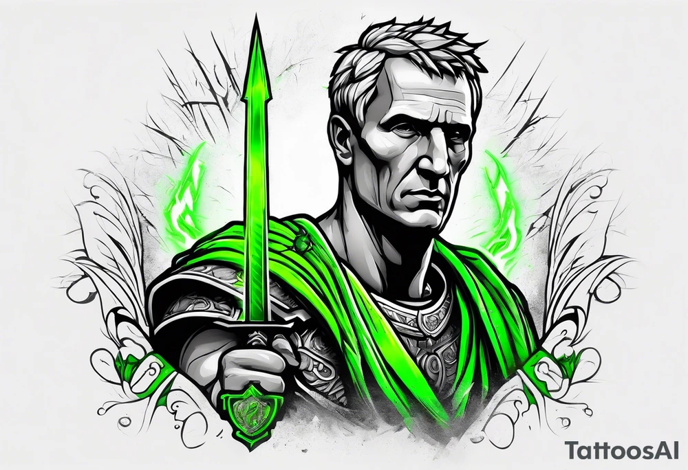 Julius Caesar tattoo with streaks of neon green lightning in the background tattoo idea