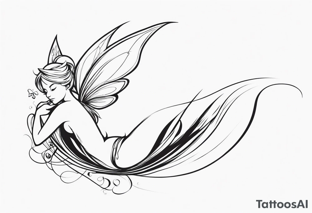 Minimalistic, monochromatic fairy with a tail flying to the left in a fetal position, leaning and looking in the same direction, with visible hands, embodying the 'Fairy Tail' logo aesthetic. tattoo idea