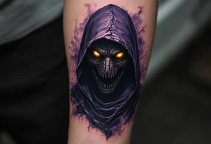A cloaked figure in black-and-purple tones with hollow yellow eyes and a smoky background. tattoo idea