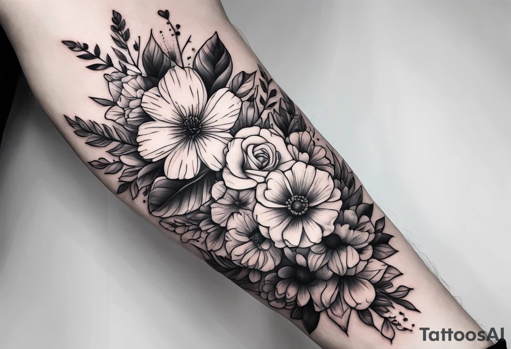 Flower bouquet on upper arm tattoo idea