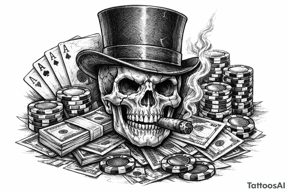 skull with cigar in his mouth,top-hat surrounded by poker-chips,paying cards and money. tattoo idea