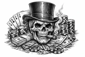 skull with cigar in his mouth,top-hat surrounded by poker-chips,paying cards and money. tattoo idea