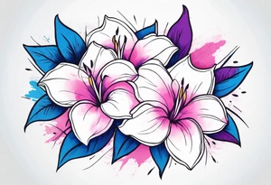 negative space linework mandevilla flowers over a brushstroke background of blue, pink and purple tattoo idea