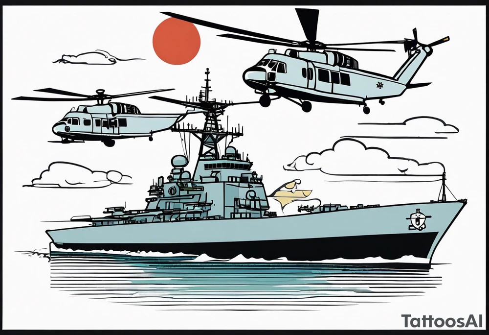 submairne on left with helicopter above it, carrier in center, DDG on the right with jet above it tattoo idea
