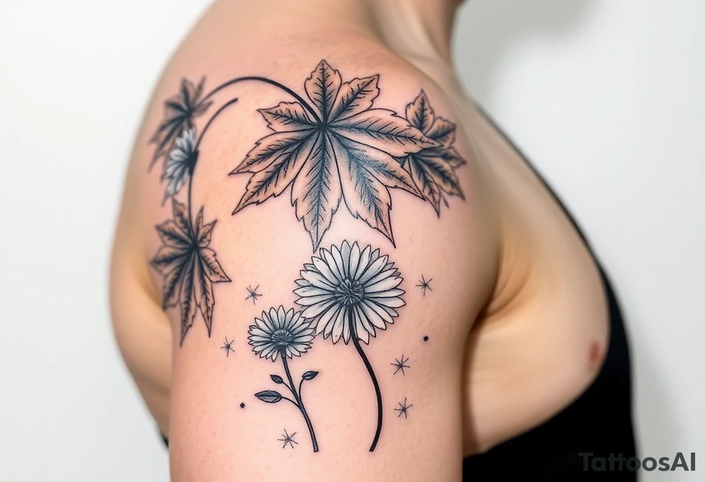 Arm sleeve with realistic fall colored Maple leaves and gerbera daisies connected with thin swirly lines. Add in a dandelion wish and a dragonfly tattoo idea