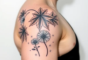 Arm sleeve with realistic fall colored Maple leaves and gerbera daisies connected with thin swirly lines. Add in a dandelion wish and a dragonfly tattoo idea