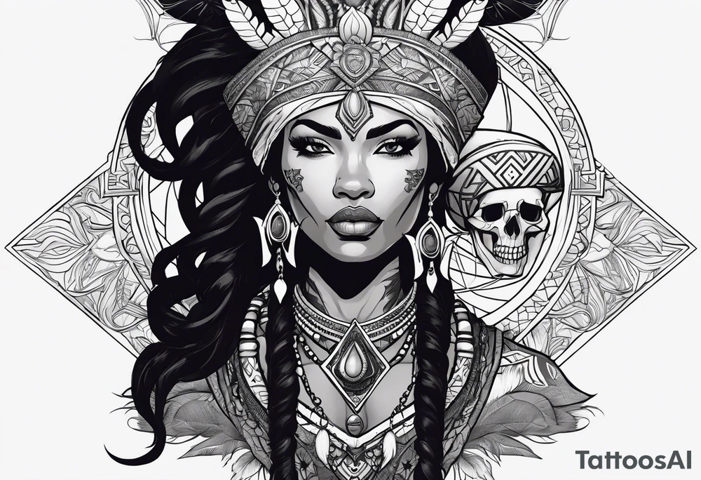 valkrye, kali, pirate, african goddess, , warrior, native american, lotus, zenza resonance, skulls, dragon, pachamama, left side face, chest, right wing, tattoo idea