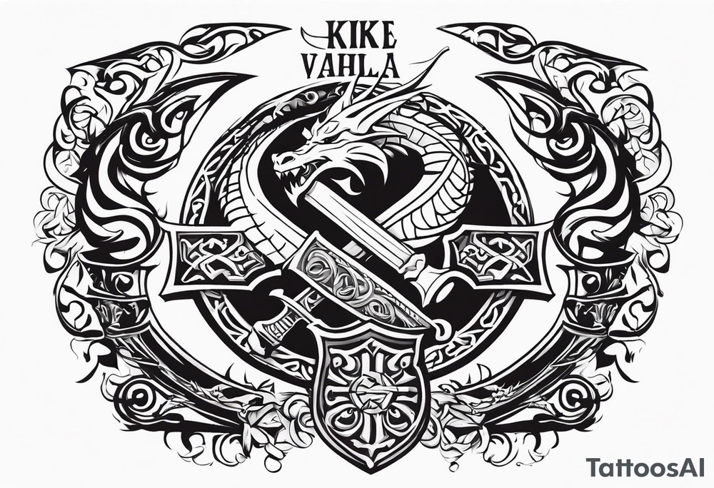 Valhalla sword shield dragon head axe viking church tattoo idea