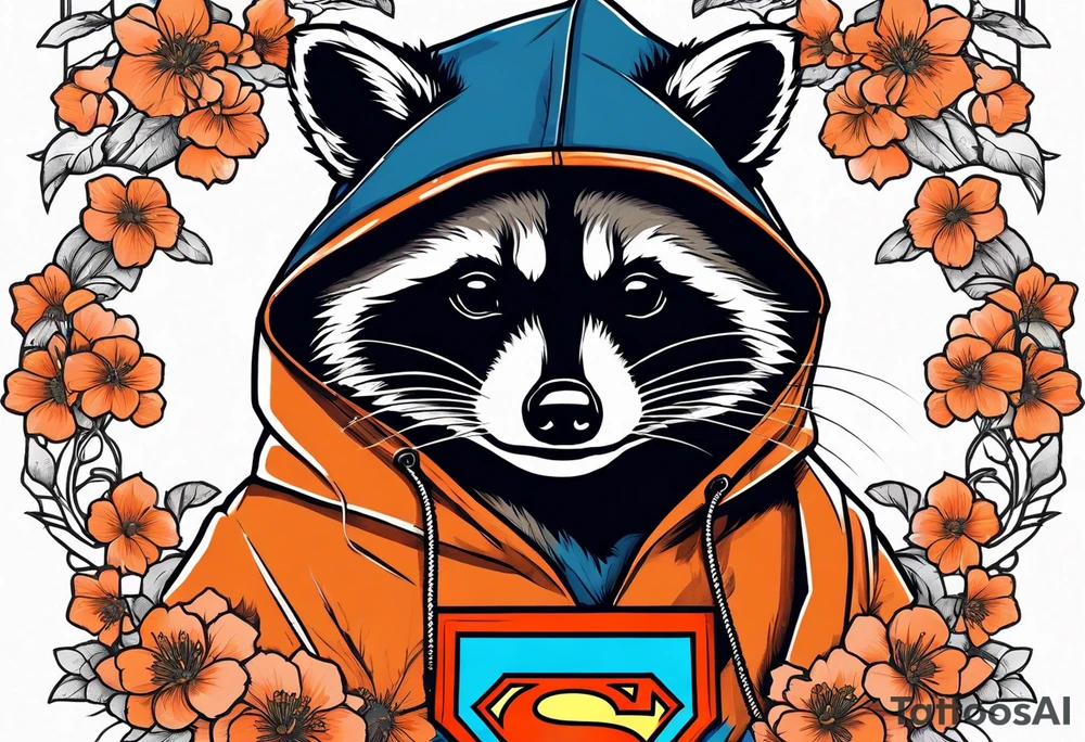 raccoon wearing a Superman hoodie with orange Japanese cherry blossoms tattoo idea