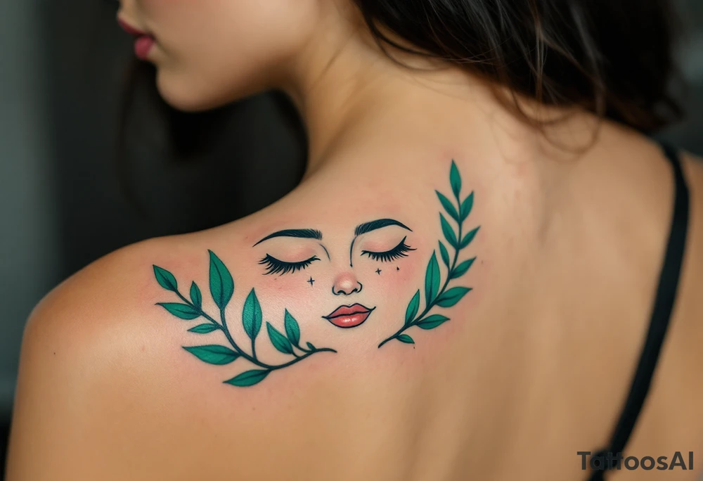 A Virgo constellation in deep emerald green overlays a serene face framed by cornflower-blue laurel leaves. tattoo idea