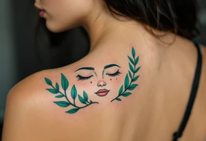 A Virgo constellation in deep emerald green overlays a serene face framed by cornflower-blue laurel leaves. tattoo idea