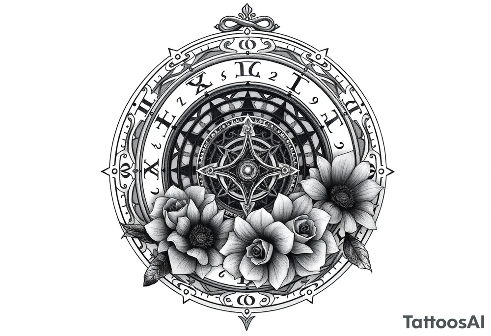 zodiac symbols and Norse runes within ornate clockwork mechanism with roses lilly sunflowers tattoo idea