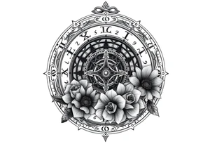 zodiac symbols and Norse runes within ornate clockwork mechanism with roses lilly sunflowers tattoo idea