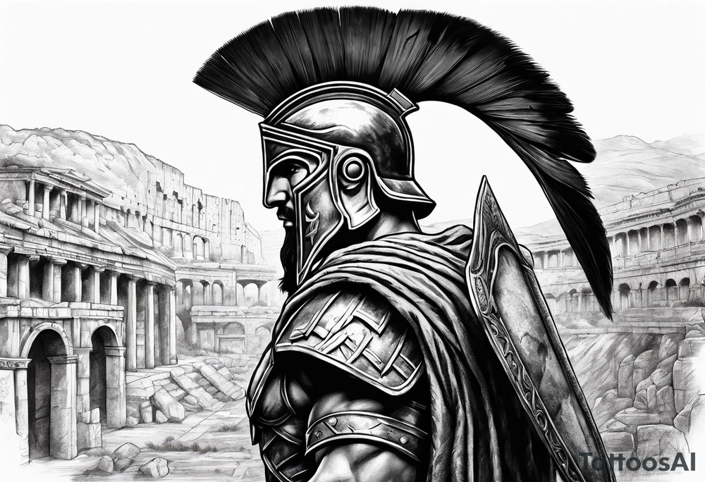 Side profile Spartan Solider ancient roman city in background tattoo idea Side profile Spartan Solider ancient roman city in background tattoo idea