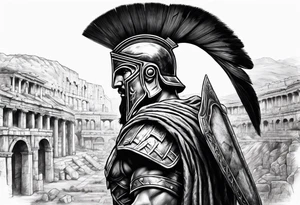 Side profile Spartan Solider ancient roman city in background tattoo idea