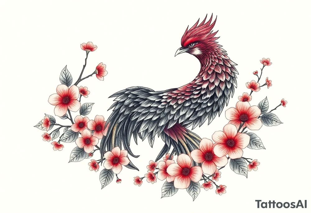 powerful majestic japanese phenix surrounded by marple leaf and cherry blossom tattoo idea