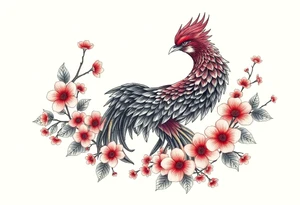 powerful majestic japanese phenix surrounded by marple leaf and cherry blossom tattoo idea