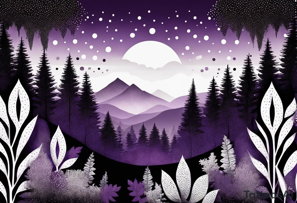 forest, lineswork, purple and black tattoo idea