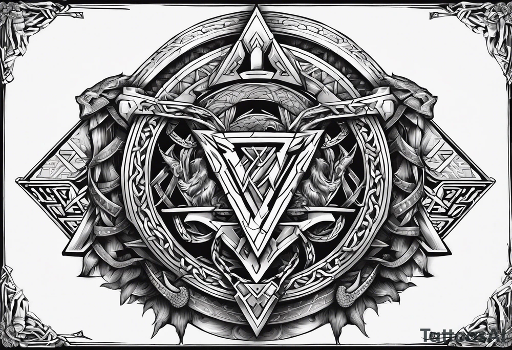 Valhalla sword shield dragon axe stairs Valknut barbed wire chains valknut fire tattoo idea