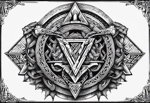 Valhalla sword shield dragon axe stairs Valknut barbed wire chains valknut fire tattoo idea