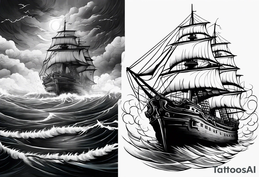 Ship on the sea with storm clouds and lightning tattoo idea