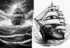 Ship on the sea with storm clouds and lightning tattoo idea