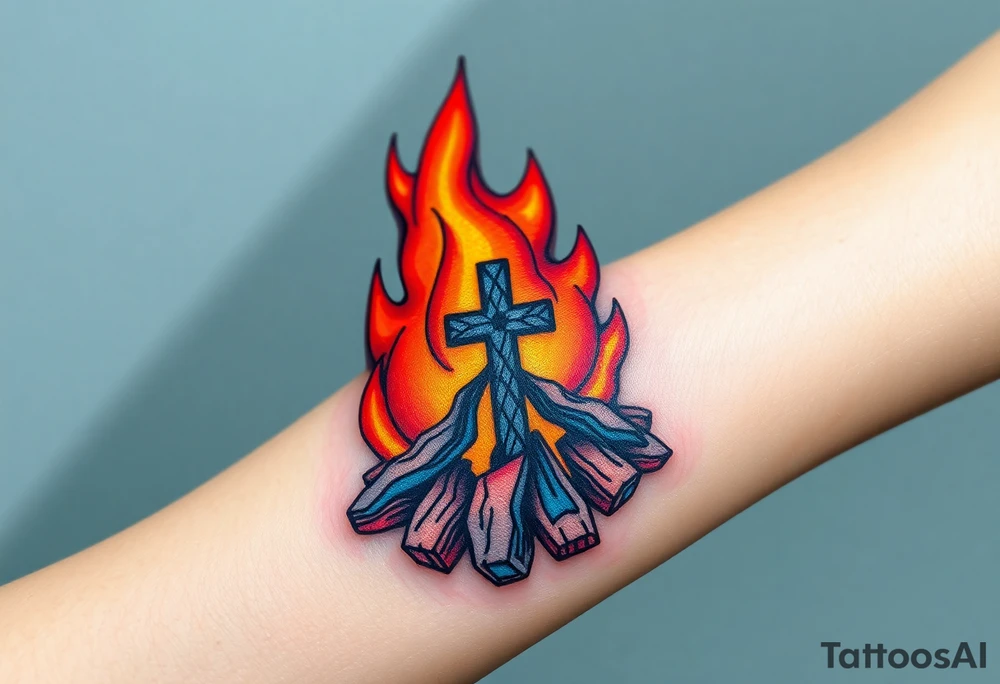 Campfire with cross hidden in the flames with nod to camping tattoo idea