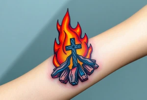 Campfire with cross hidden in the flames with nod to camping tattoo idea