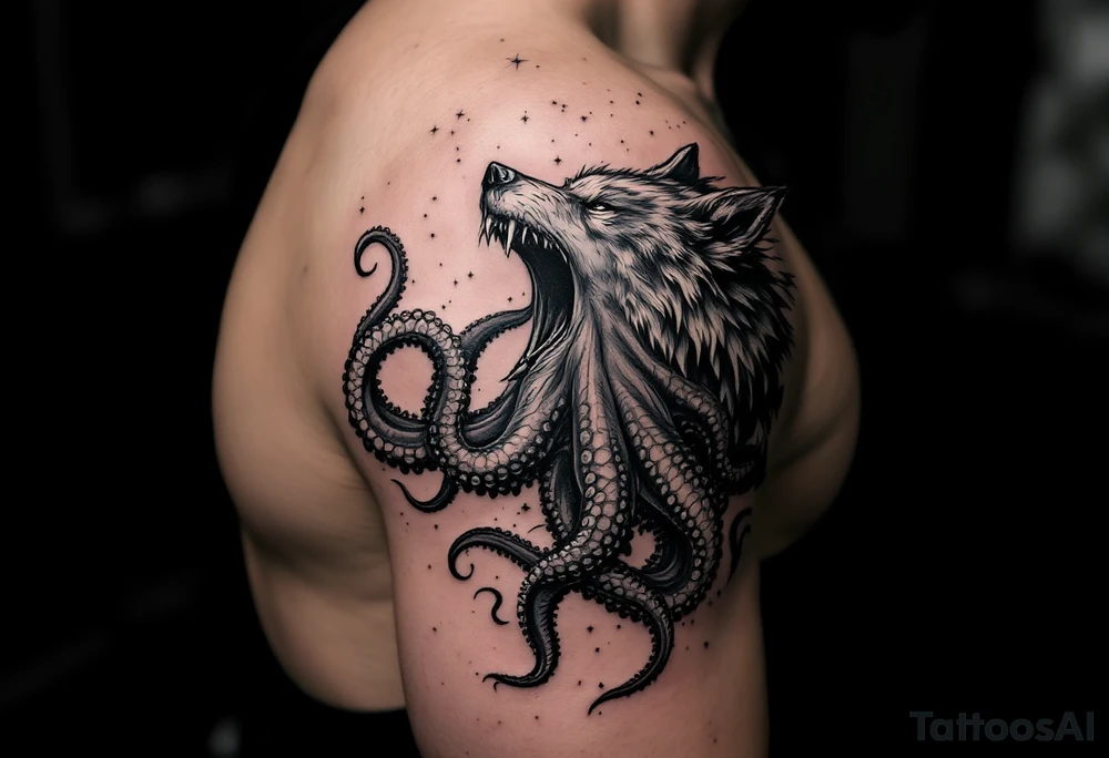 A surreal wolf octopus howling  in the arm tattoo idea