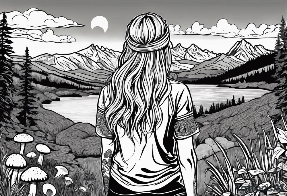 Whole picture encircled fully

Straight long blonde hair hippie girl in distance holding mushrooms in hand facing away toward mountains and creek surrounded by mushrooms long sleeve shirt and hiking pants; whole rendering within a full celtic circle border, no cut off circle tattoo idea