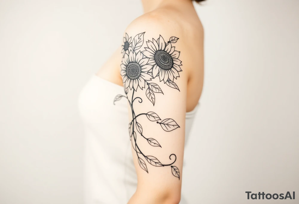 Bohemian, hippie sunflowers/mandalas growing along a swirly vine tattoo idea
