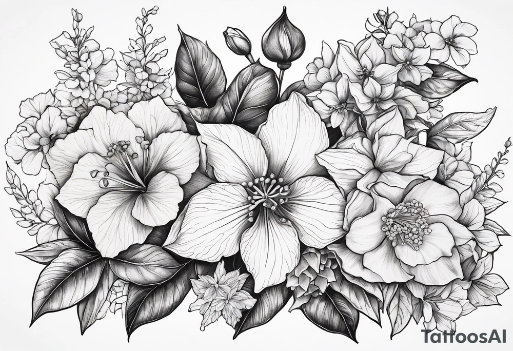 Hydrangea, Narcissus, Poinsettia, Holly, Gladiolus, Poppy, Daisy, Sweet Pea floral tattoo idea