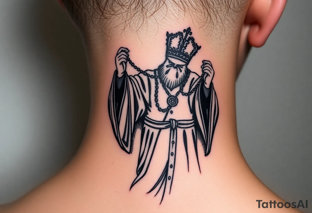 russian orthodox priest in a fully detailed garment swinging censer chains tattoo idea