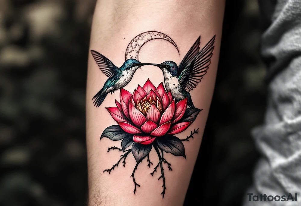 A hummingbird drinking from a lotus flower with one wing made of light (sun disc) and the other made of shadow (crescent moon) (red and black only) tattoo idea