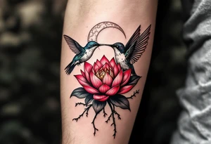 A hummingbird drinking from a lotus flower with one wing made of light (sun disc) and the other made of shadow (crescent moon) (red and black only) tattoo idea